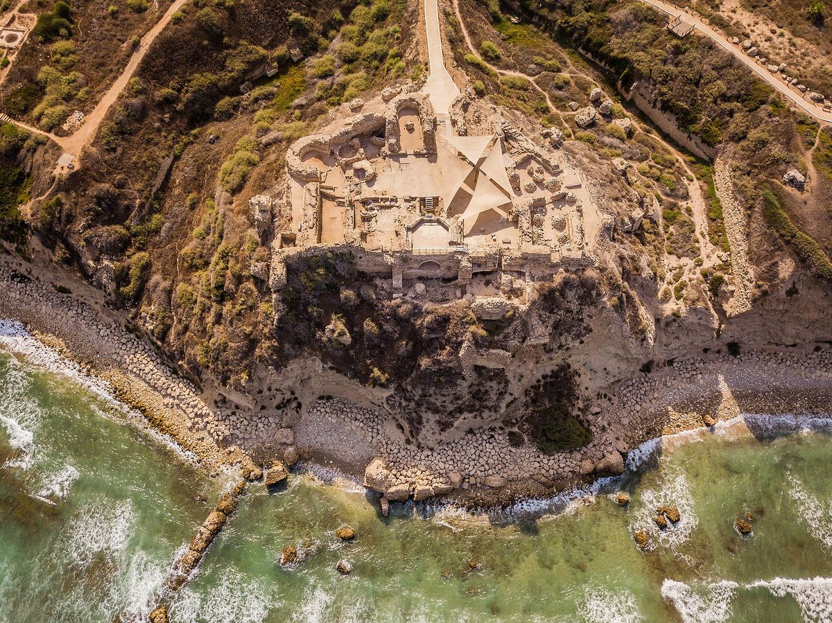 Aerial view of the Crusader fortress at Apollonia-Arsuf on the Mediterranean coast