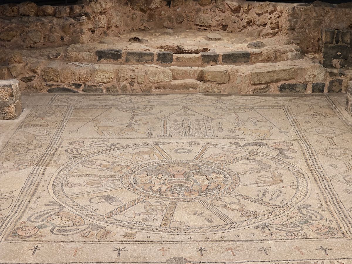 The complete mosaic floor of the Beit Alpha synagogue showing the zodiac wheel, the Binding of Isaac, and the Torah Ark