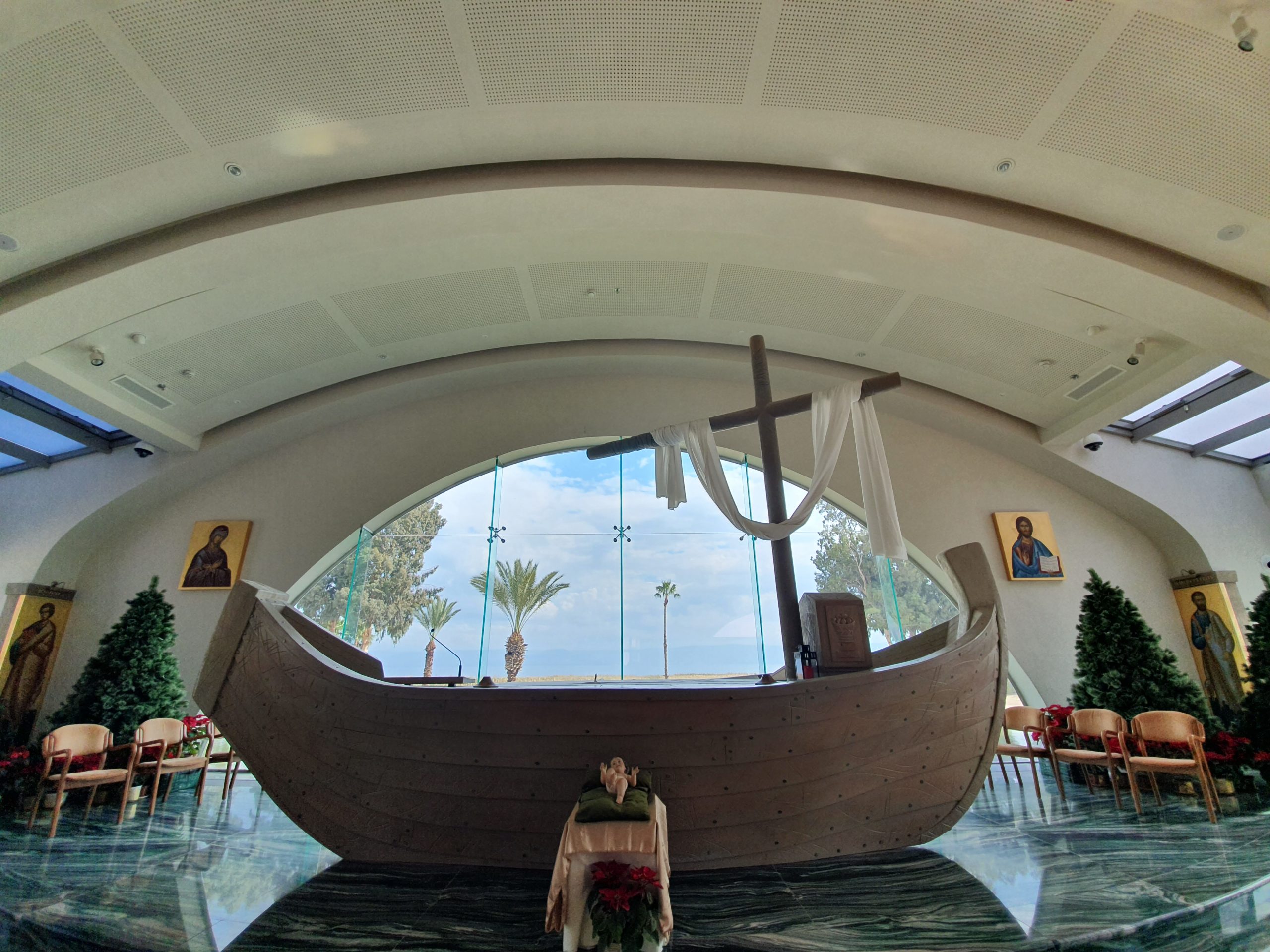 Boat sculpture inside the Duc in Altum church at Magdala
