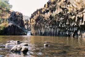Hexagonal basalt columns at Meshushim Pool, Golan Heights, Israel