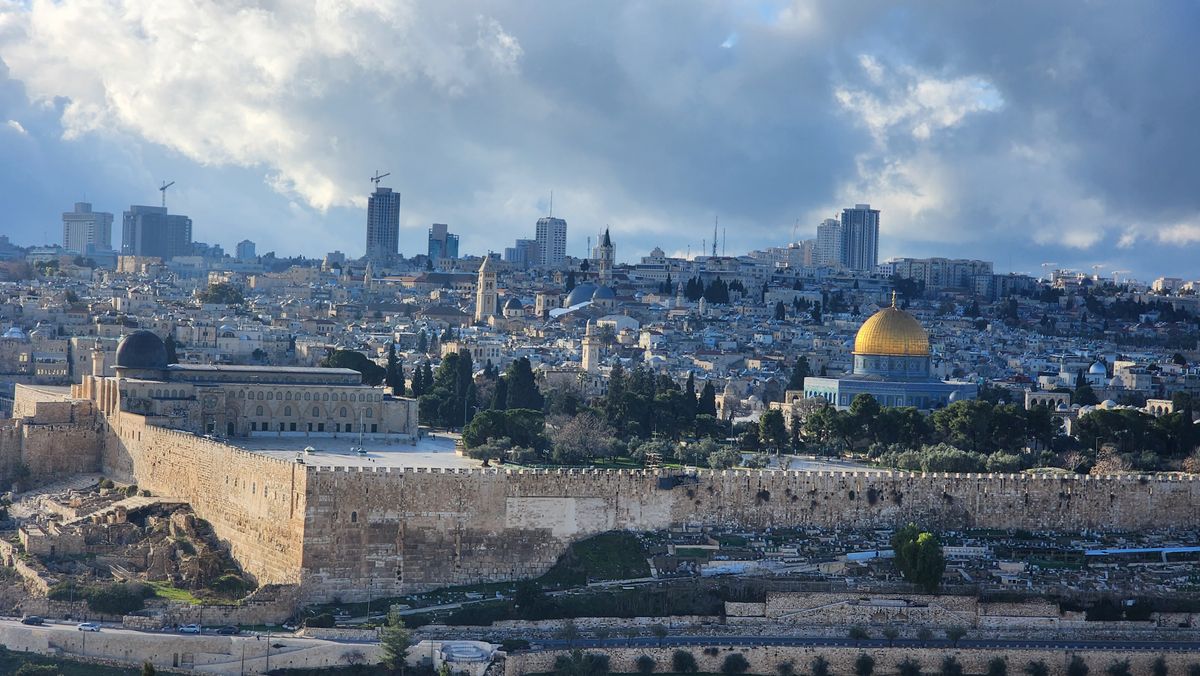 Panoramic view of Jerusalem from the Mount of Olives showing the Temple Mount, the Dome of the Rock, and the sealed Golden Gate