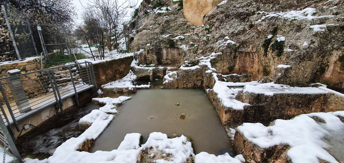 First Temple period burial cave at Ketef Hinnom covered in snow, Jerusalem