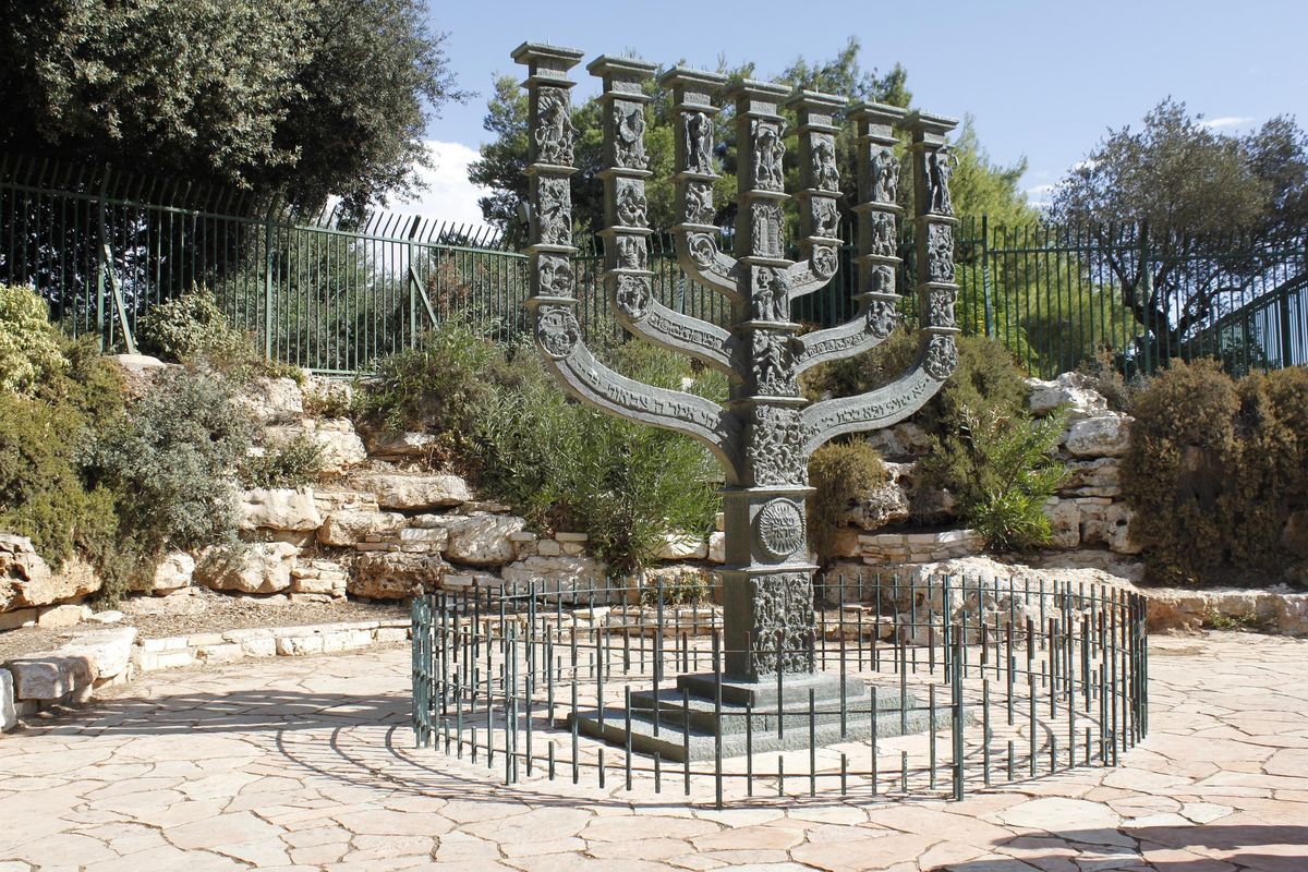 The Knesset Menorah by Benno Elkan, a bronze seven-branched candelabrum depicting scenes from Jewish history, Jerusalem