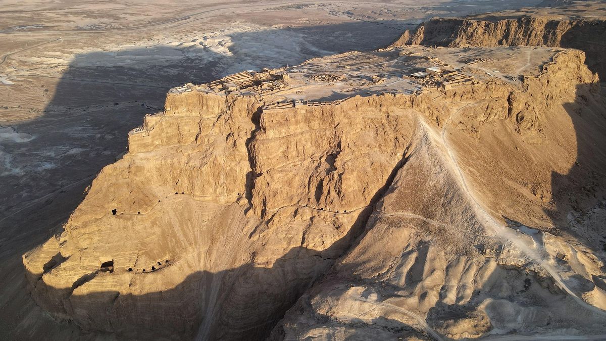 Aerial view of Masada fortress and the Roman siege ramp
