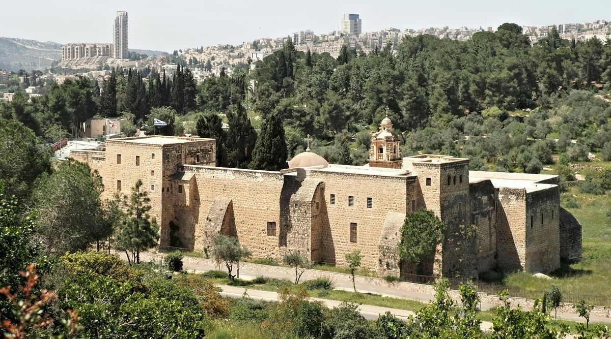 Monastery of the Cross surrounded by trees in the heart of Jerusalem