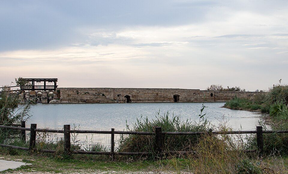 The Roman dam at Nahal Taninim Nature Reserve with the reservoir and ancient sluice gates