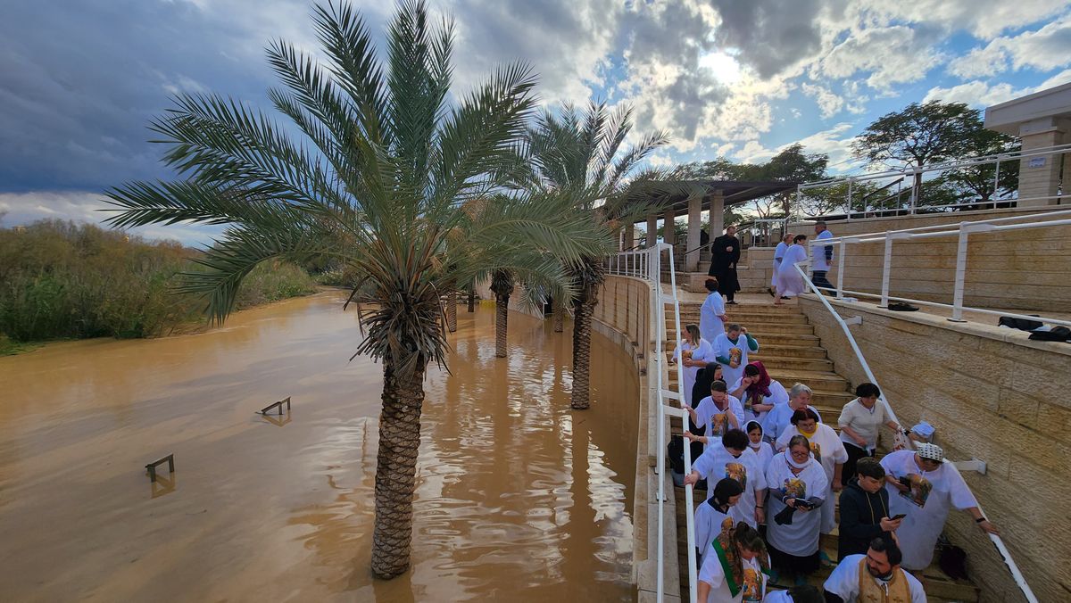 Pilgrims at the baptismal site of Qasr el-Yahud on the Jordan River