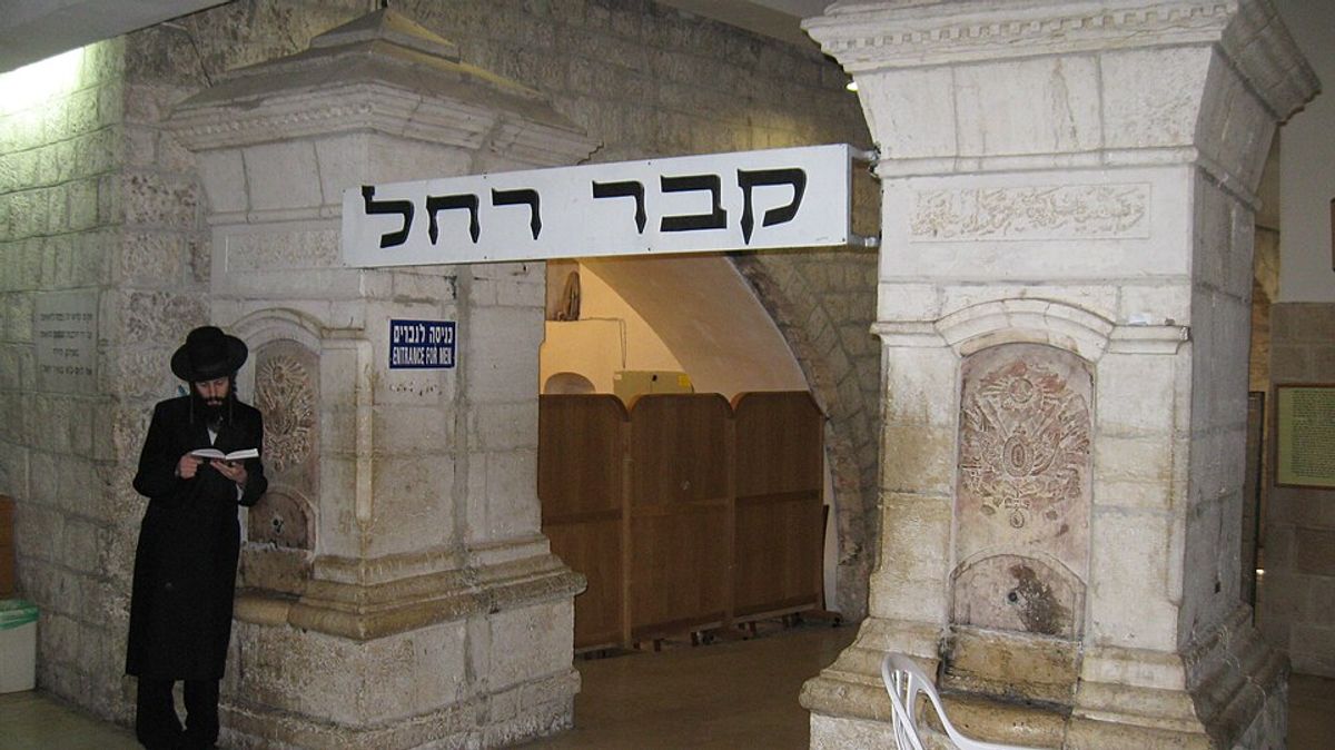 Entrance to Rachel's Tomb near Bethlehem with worshipper