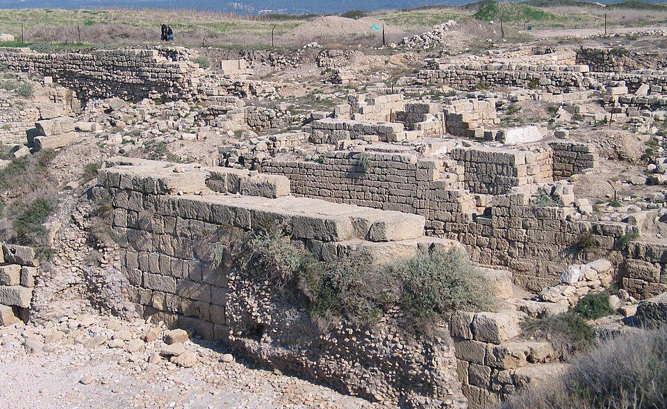 Stone ruins and walls at Tel Dor archaeological excavation