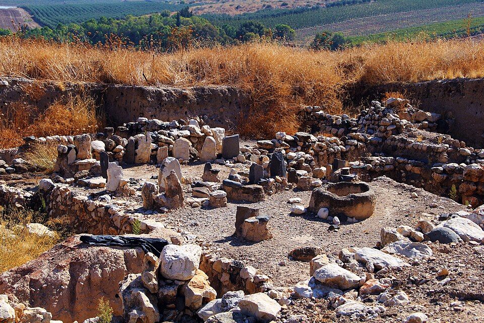 The Canaanite temple area at Tel Hazor with standing stones and altars