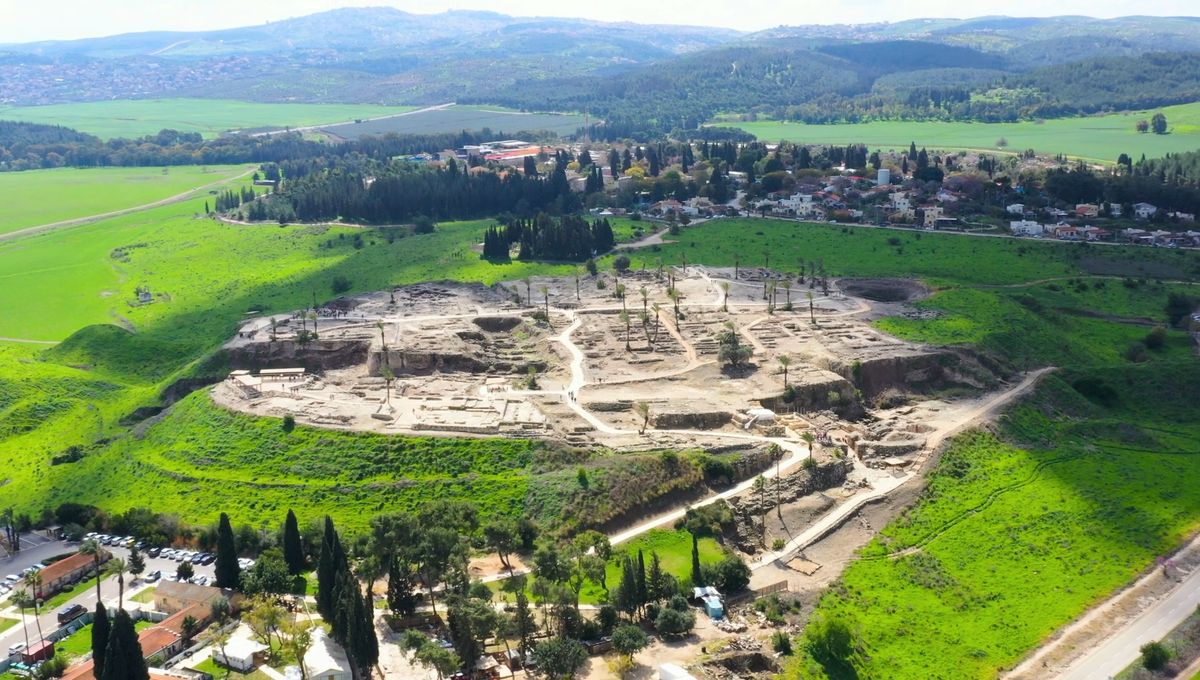Tel Megiddo aerial drone view, Jezreel Valley, Israel