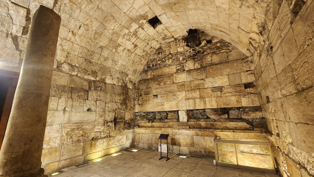 The underground hall in the Western Wall Tunnels showing massive Herodian masonry