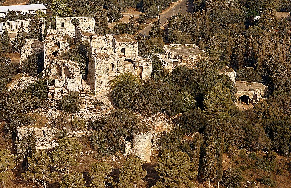Aerial view of Yehiam Fortress surrounded by forest in the Western Galilee